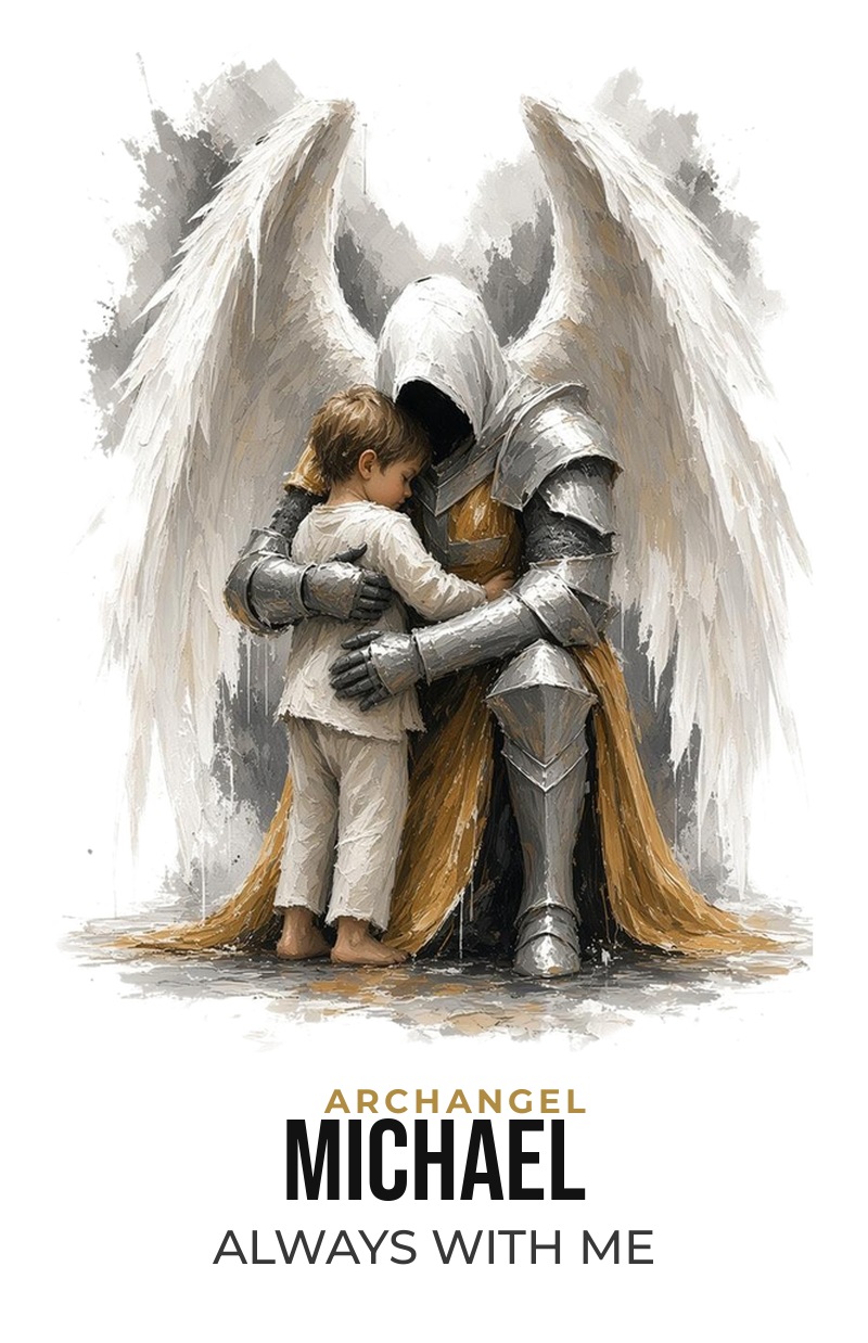 Painted archangel knight in a white hood and gold cloak embracing a little boy, with the words ARCHANGEL, MICHAEL and ALWAYS WITH ME underneath
