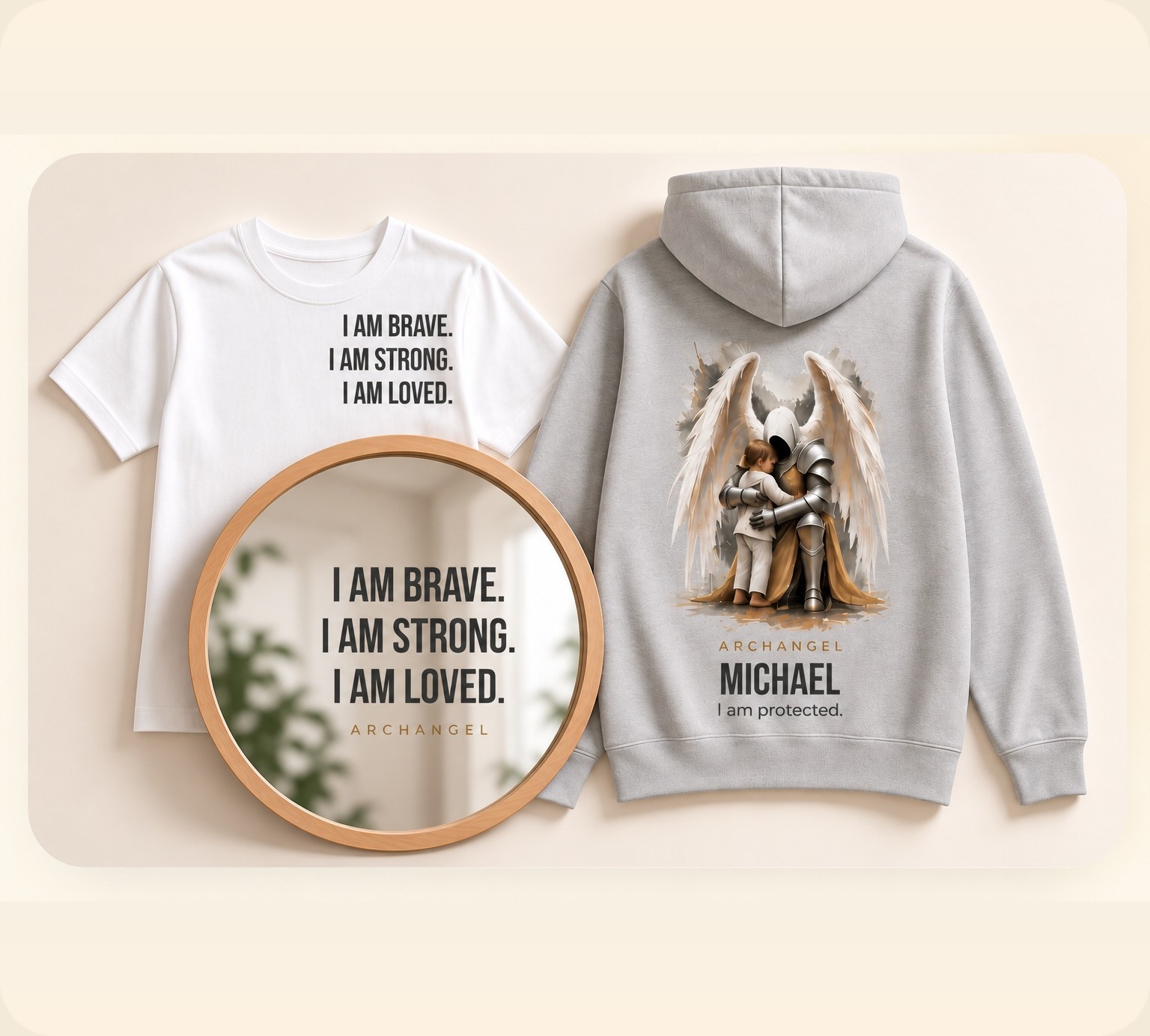 White Little Ones affirmation tee, an oak mirror with the affirmation decal and a grey hoodie showing the archangel Michael back print